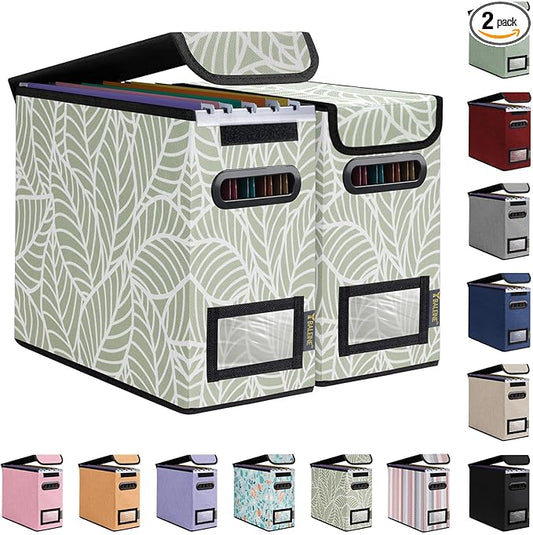 BALEINE File Organizer Box with Lid, Collapsible File Folder Organizer with Plastic Slide, Hanging File Folder Box for Office Document Storage (2 Pack, Antique Foliage, S)-DeskLoop Office