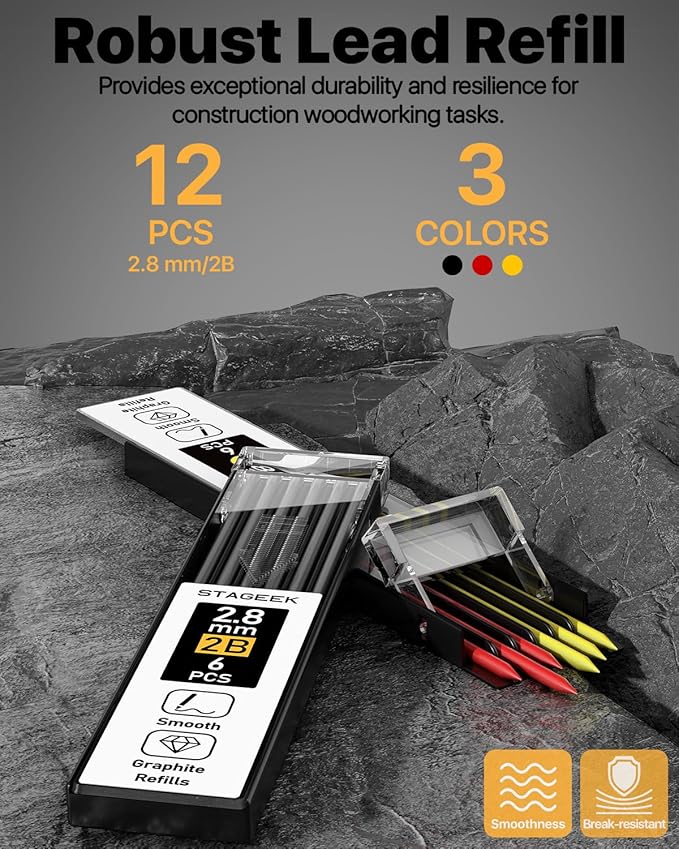 Carpenter Pencils Set with Sharpener, Heavy Duty Woodworking Tools with 13 Refills (Red, Black, Yellow), Construction Pencil and Deep Hole Long Nib Marker Pen for Architect Marking with Case-DeskLoop Office