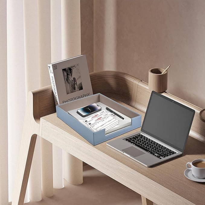 Leather Letter Tray, Office Supplies Desk Organizer for Mail Paper Files Magazines Jewelry Cosmetics,Luxury Letter Holder&Multipurpos Stackable Storage Box Office Desktop,Grey-DeskLoop Office