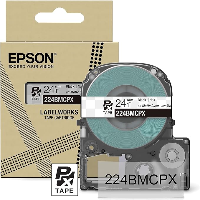Epson LABELWORKS 224BMCPX Genuine PET (Polyester) Tape Cartridge - Black on Matte Clear Designer Craft Label Maker Tape - 1" (24MM) Wide, 26'-DeskLoop Office