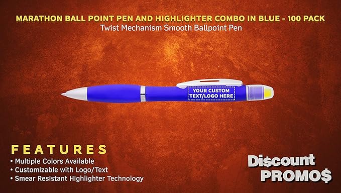 DISCOUNT PROMOS 100 Marathon Gel Highlighter Pens Pack - Customizable Text, Logo - Twist Mechanism, Ballpoint - Blue-DeskLoop Office