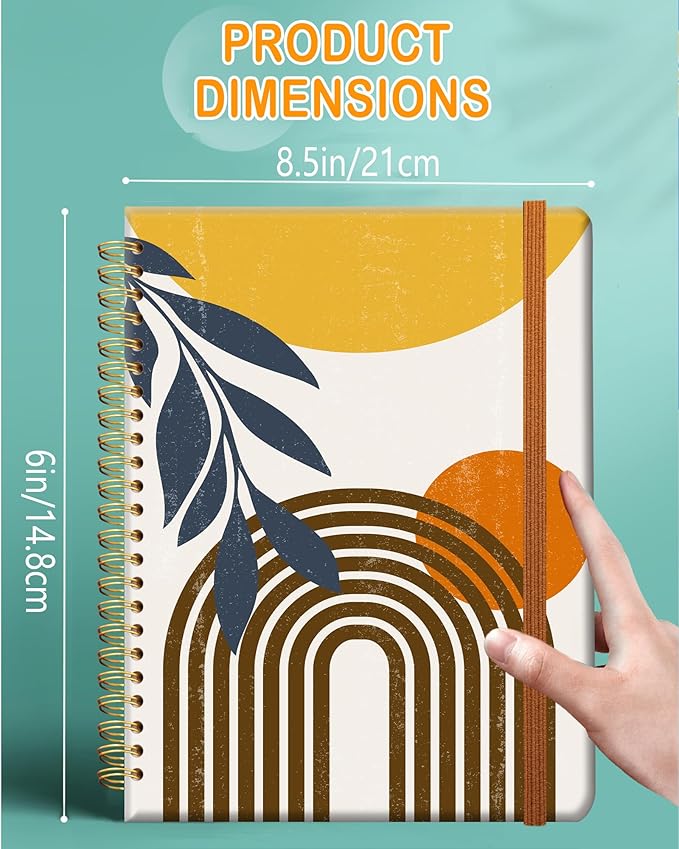 Ruled Spiral Writing Notebook,A5 Hardcover Lined College Journal for Women Lady,Fashion Puppy Watercolor Strong Twin-Wire Binding with Premium Paper,8.4" X 6",Perfect for School,Office,Home Gifts(Abstract Boho Sun Moon Leaves)-DeskLoop Office