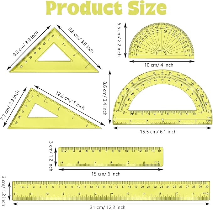 Tenare 1 Set Plastic Clear Math Set Includes Protractor Triangle Rulers 12 Inch 6 Inch Straight Geometry Math Transparent Ruler Measuring Tool for School Office Home Supplies(Yellow)-DeskLoop Office