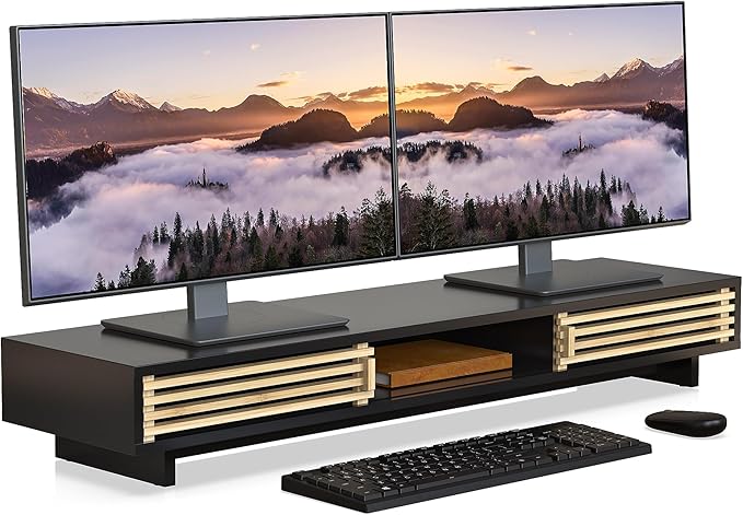 Dual Monitor Stand Riser with Sliding Door, Double Computer Laptop Stand Desk Shelf Organizer with Storage (Black + Natural Bamboo, 38 Inch)-DeskLoop Office