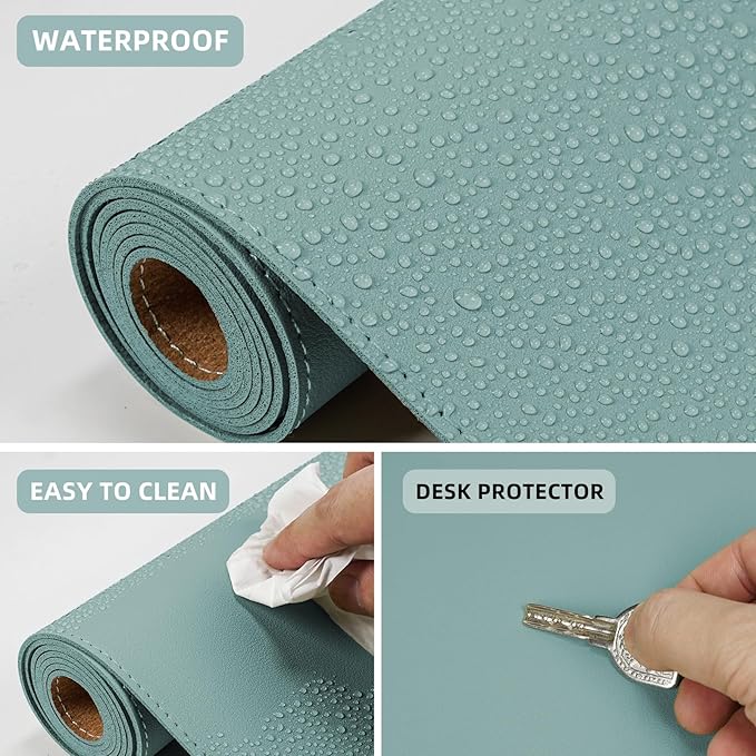 Leather Desk pad Protector,47 * 17in Large Desk mat with Natural Cork & PU Leather,Mouse pad,Non-Slip Office Desk Mat,Waterproof Desk Writing Pad for Office and Home (Light Blue)