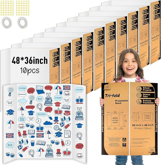 10 Pack Trifold Poster Board 48" X 36", IKAYAS Single sided White Poster Boards, Science Fair Display Boards Posterboard Foamboard for Mounting, Prints,Art,Display,Projects Classroom Supplies-DeskLoop Office
