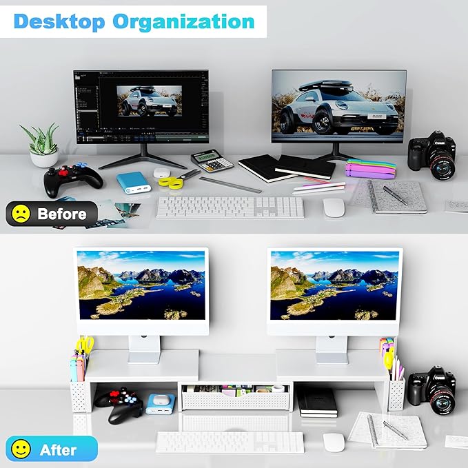 Spacrea Metal Desk Organizers and Accessories, Dual Monitor Stand Riser with Drawer and 2 Pen Holders, Desk Accessories & Workspace Desktop Organizers for Office Supplies (White)-DeskLoop Office
