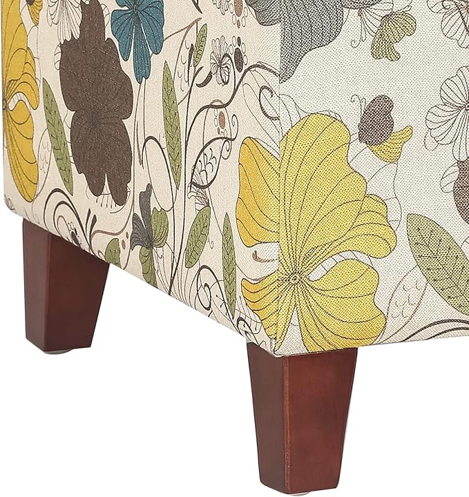 Adeco 18 Inch High Cube Ottoman Storage, Floral Printed Linen Chair Foot Stools, Upholstered Vanity Stool with Hinged Lid, Solid Wood Legs-DeskLoop Office