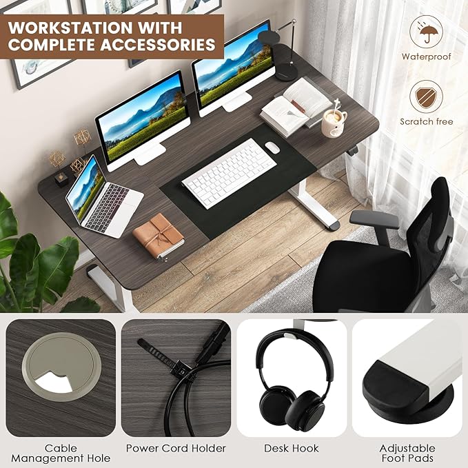 GOFLAME Height Adjustable Electric Standing Desk, 55 x 28 Inch Sit Stand Up Electric Desk with Headphone Hook, Ergonomic Standing Workstation, Electric Standing Desk with Metal Frame, Dark Grey-DeskLoop Office