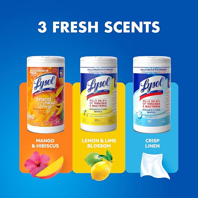 Lysol Disinfectant Wipes Bundle, Multi-Surface Cleaning Wipes, For Disinfecting & Cleaning, contains Lemon & Lime Blossom, Crisp Linen, & Mango & Hibiscus, 3x80 ct, (240 ct Total)-DeskLoop Office