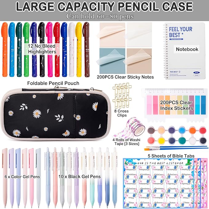 TuErCao Bible Study Supplies Kit - Black Daisies Aesthetic Pencil Pouch Bag, 75 Durable Tabs, 12 Smooth Crayon Highlighters, 16 Gel Pens, Notebook, Notes -Bible Journaling Study Tools-DeskLoop Office