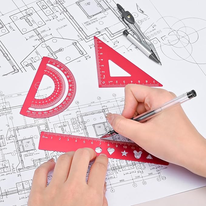 6 Pcs Metal Geometry Set, Math Geometry Kit, Metal Ruler Set and Compass Geometry Tool, Rulers Protractor and Compass Set for Student School and Drawings Supplies (Red)-DeskLoop Office