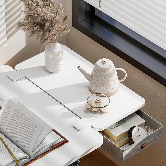 Desk Extender Tray, 24" x 12" Clamp On Desk Shelf, Desk Extension with Storage Drawer, Table Desk Arm Rest, Clamp On Keyboard Tray for Office and Home, Workstation Organizer, Medium, White-DeskLoop Office