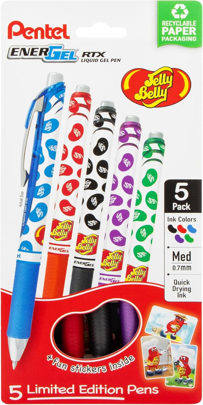 Pentel EnerGel RTX Retractable Liquid Gel Pen, Jelly Belly Limited Edition, 0.7mm tip, Assorted colors, Pack of 5 pens, (BL77PF5M-JB)-DeskLoop Office