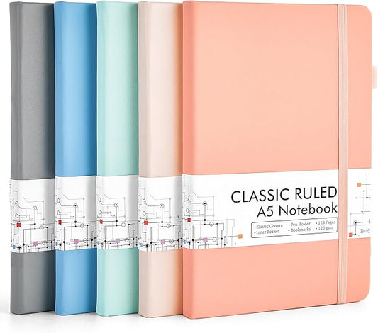 feela 5 Pack Notebooks Journals Bulk, Hardcover Classic Ruled Lined Journals with Pen Holder for Women Girls School Business Supplies, with 5 Black Pens, 120 GSM, 5.1”x8.3”, A5, Mild Colors-DeskLoop Office