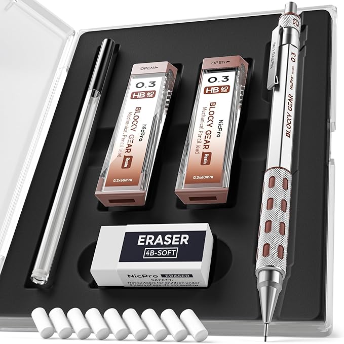 Nicpro Blocky Gear 0.3 mm Mechanical Pencils Set in Case, Metal Pencil with Lead Refills, Eraser for Professional & Adult Art Writing Drafting Drawing-DeskLoop Office