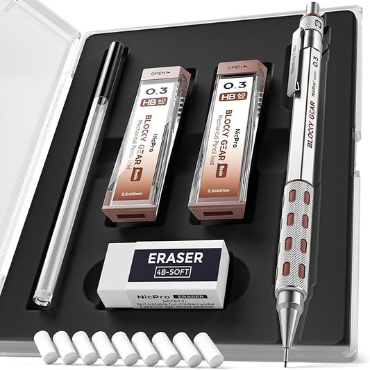 Nicpro Blocky Gear 0.3 mm Mechanical Pencils Set in Case, Metal Pencil with Lead Refills, Eraser for Professional & Adult Art Writing Drafting Drawing-DeskLoop Office