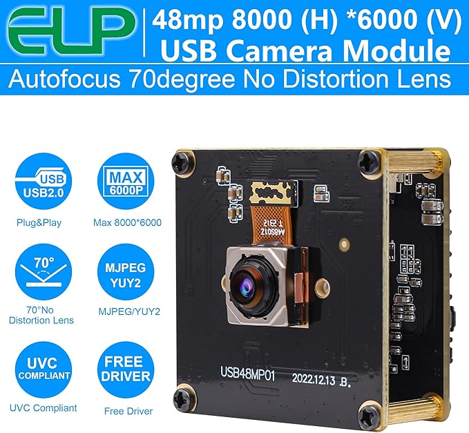 ELP 48MP Fast Autofocus USB Camera Module with 70degree No Distortion Lens for Computer Mini UVC USB2.0 Industrial Webcam Board 8000 * 6000 USB with Camera for Laptop PC Raspberry pi Jetson Nano-DeskLoop Office