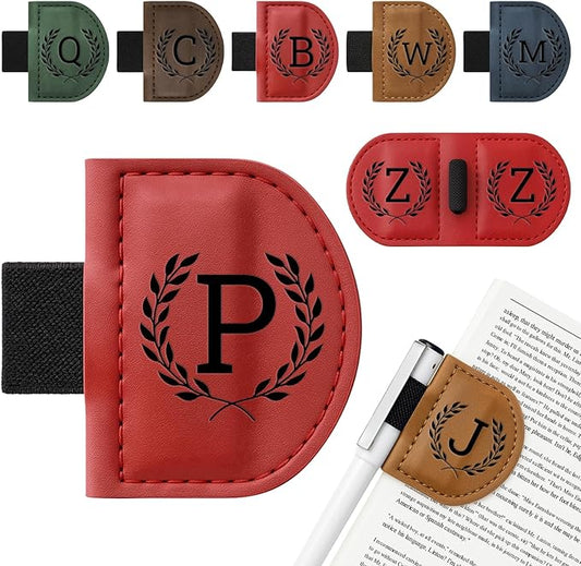 Personalized Bygone Mark Bookmark with Pen Holder,Engraving Leather Magnetic Bookmarks Vintage 26 Letters Name Initials Text Book Marker Clips Gifts for Reading Book Lovers Women (Red, P)-DeskLoop Office