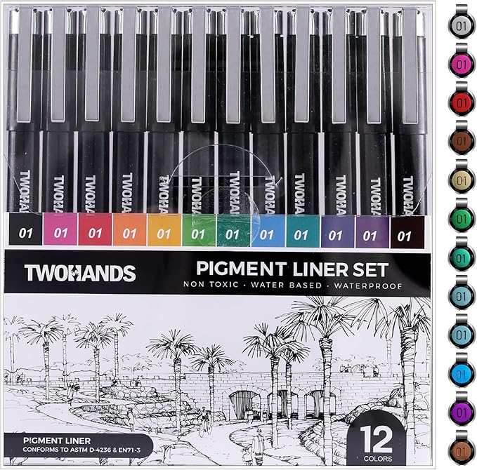 TWOHANDS Micro Pens 01,Art Pens,Fineliner Ink Pens,Set of 12 Technical Drawing pen,Pigment Pen,Fine Point,colord,Waterproof,for Art Watercolor,Sketching,Anime,Manga, 21281-DeskLoop Office