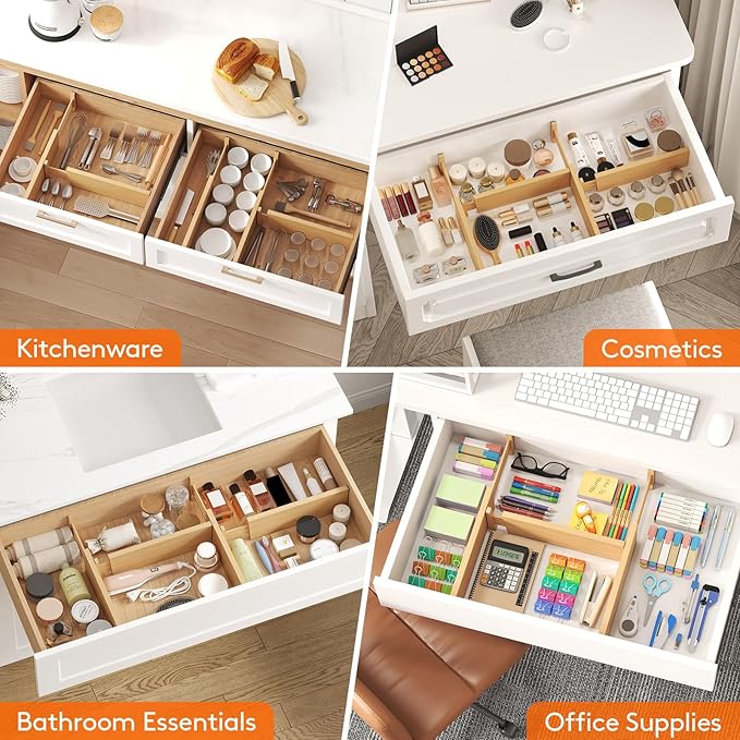 Lifewit 8 Pack Drawer Dividers Bamboo 4" High, 12-17" Adjustable Drawer Organizers for Clothes, Expandable Dresser Separators in Bedroom/Bathroom/Kitchen/Fridge/Office Organization and Storage-DeskLoop Office
