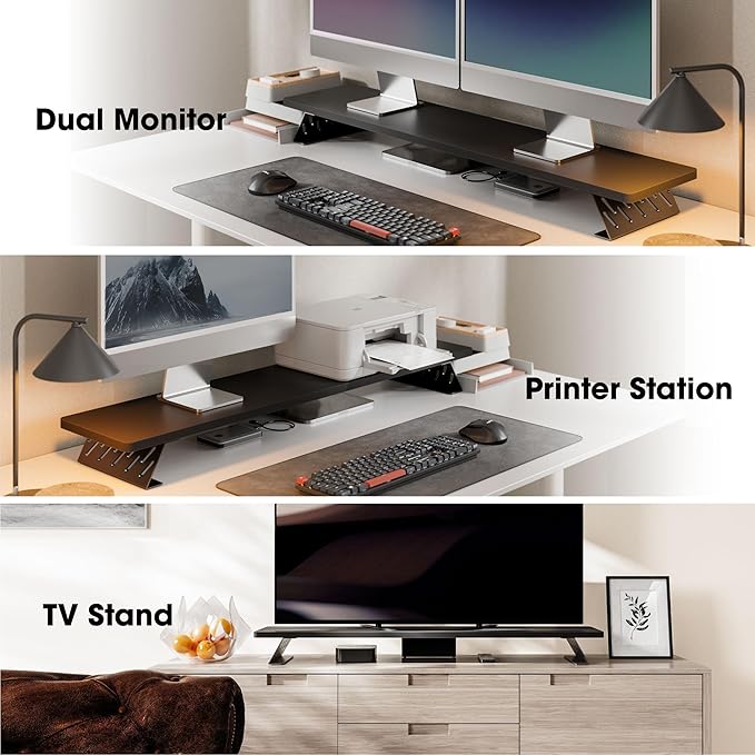 Fenge Dual Monitor Stand Riser, 42.5 Inch Desk Top Shelf for 2 Monitors, Computer Stands for Desk, Wood & Steel Desktop Riser for Laptop, PC, Printer-DeskLoop Office