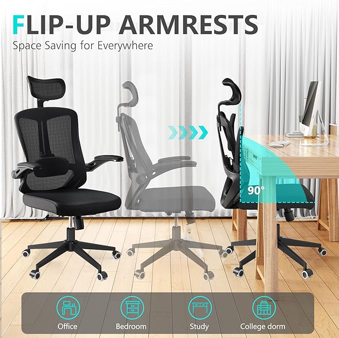 Comfy Office Chair, Home Ergonomic Desk Chairs, High Back Gaming Mesh Computer Chair with Wheels, Lumbar Support, Adjustable Headrest, Flip-up Armrest 350LBS Capacity-DeskLoop Office