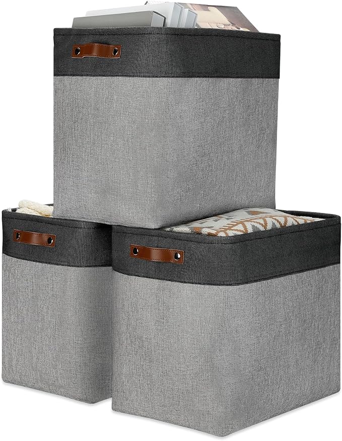DULLEMELO Grey Storage Baskets for Organizing 3 Pack Fabric Shelf Baskets for Gifts Empty Large Storage Organizer for Closet,Clothes,Toys,Bedroom (Black&Grey)-DeskLoop Office
