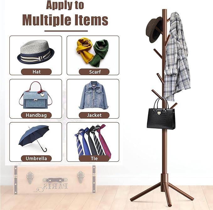 Haddockway Wooden Coat Rack Stand with 8 Hooks New Zealand Pine 3 Adjustable Coat Standing Tree Easy Assembly for Coats, Hats, Scarves and Handbags for Entryway, Hallway, Bedroom, Office-DeskLoop Office