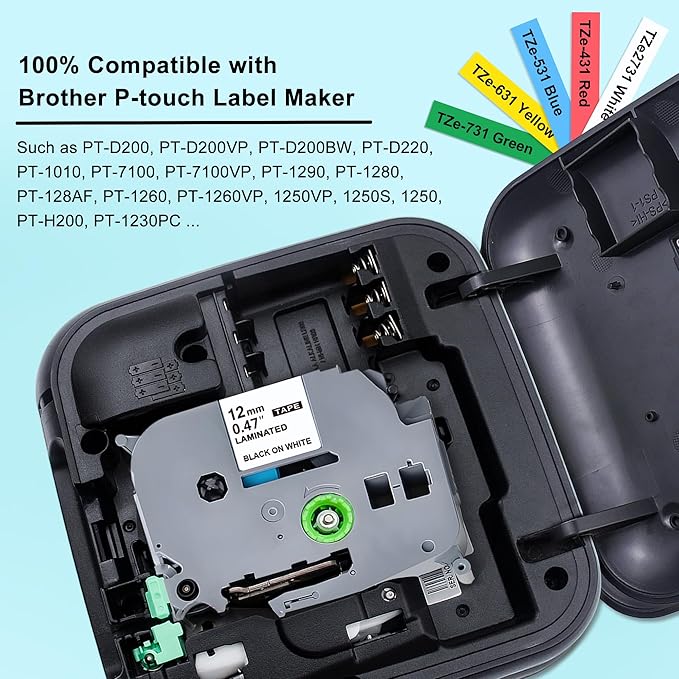 5-Pack Label Maker Tape Replace for Brother TZe TZ Tape 12mm 0.47 Laminated White Red Blue Yellow Green TZe231 431 531 631 731 Work for Brother P Touch Label Maker PTH110 PTD220 PTD210-DeskLoop Office