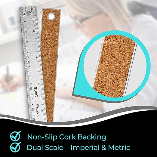 NOKKO 18 Inch Metal Ruler with Cork Backing, Pack of 10 - Flexible Stainless Steel Straight Edge Ruler with Inches and Centimeters, Non-Slip Backing for Precision and Stability-DeskLoop Office