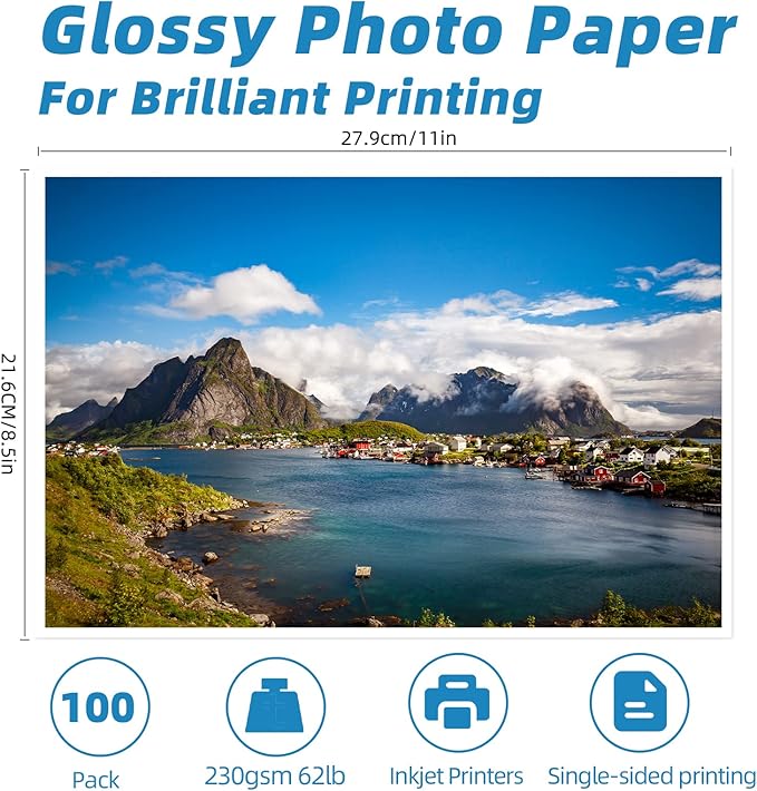 Uinkit 100 Sheets Thick Inkjet Glossy Photo Paper Picture 8.5x11 62lb 230g 11.1mil Cardstock Postcard Brochure For Dye Ink Inkjet Printer-DeskLoop Office