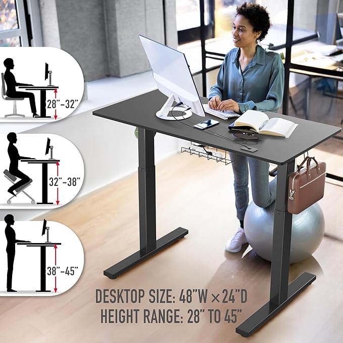 SHW 48-Inch Electric Height Adjustable Standing Desk with Drawer, Memory Preset and Cable Management Tray, Black-DeskLoop Office