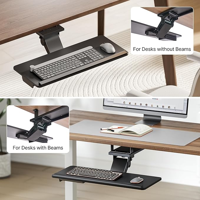 Keyboard Tray Under Desk with Storage Drawer, Height Adjustable Keyboard Tray Slide Out Swivel Tilt, Ergonomic Under Desk Mount Keyboard & Mouse Holder for Gaming Home Office, 25x11'', Black-DeskLoop Office