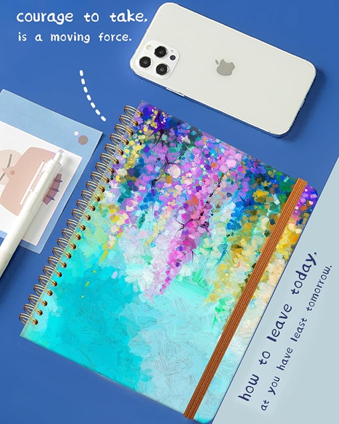 Ruled Spiral Writing Notebook,A5 Hardcover Lined College Journal for Women Lady,Fashion Puppy Watercolor Strong Twin-Wire Binding with Premium Paper,8.4" X 6",Perfect for School,Office,Home Gifts(Oil Painting Spring Flowers)-DeskLoop Office