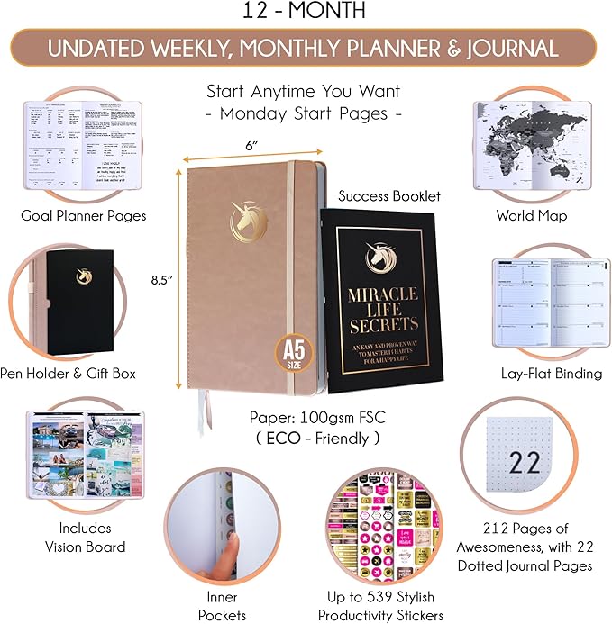 Life Planner - Undated Daily, Weekly & Monthly Planner with Budget Section | A 12 Month Journey to Increase Productivity & Happiness | Life Organizer & Gratitude Journal - Horizontal Format-DeskLoop Office