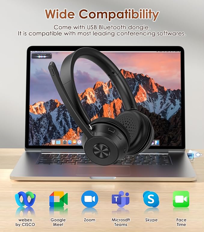 (Upgraded Version) Wireless Headset, Bluetooth Headset with Noise Cancelling Microphone, Best Headphones with Mic Mute & USB Dongle for PC/Computer/Laptop/Cell Phones/Remote Work/Call Center-DeskLoop Office