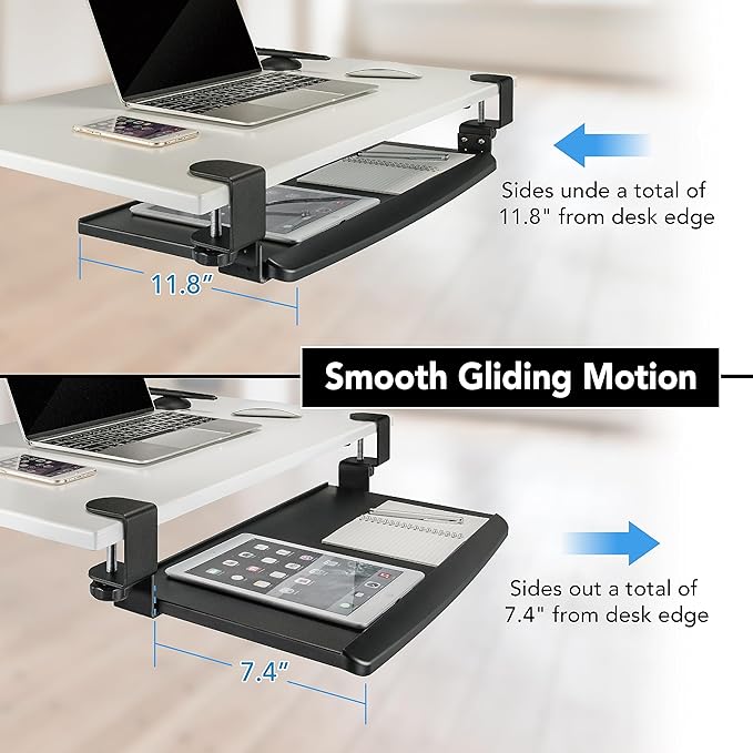 EHO Clamp-On Retractable Adjustable Keyboard Tray, Under Desk Ergonomic Keyboard Tray - Easy Tool-Free Install - Small Surface 20" (24.8" Including Clamps) x 11.5"-DeskLoop Office