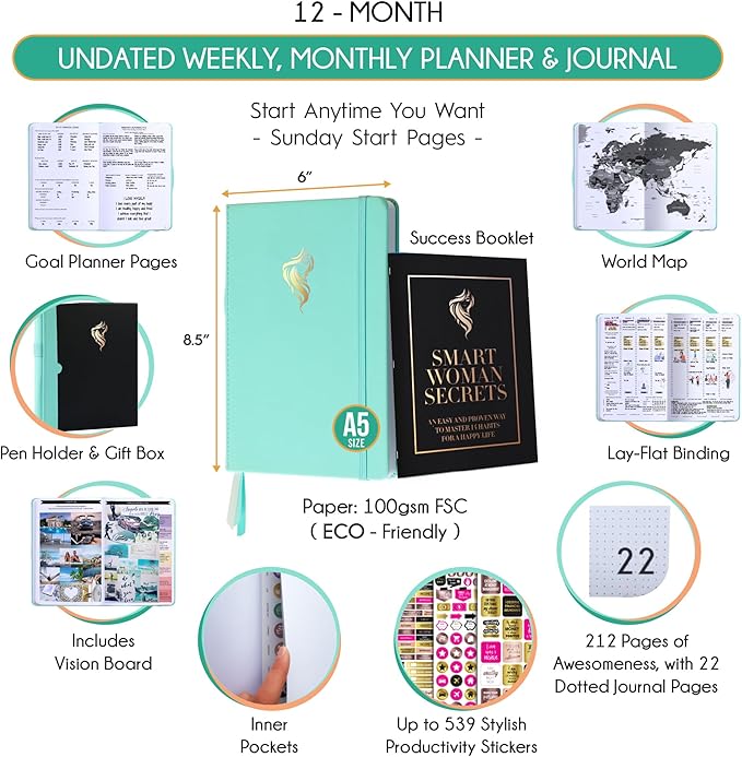 Hourly Planner - Undated Daily, Weekly & Monthly Planner with Budget Section | A 12 Month Journey to Increase Productivity & Happiness | Life Organizer & Gratitude Journal - Vertical Format-DeskLoop Office