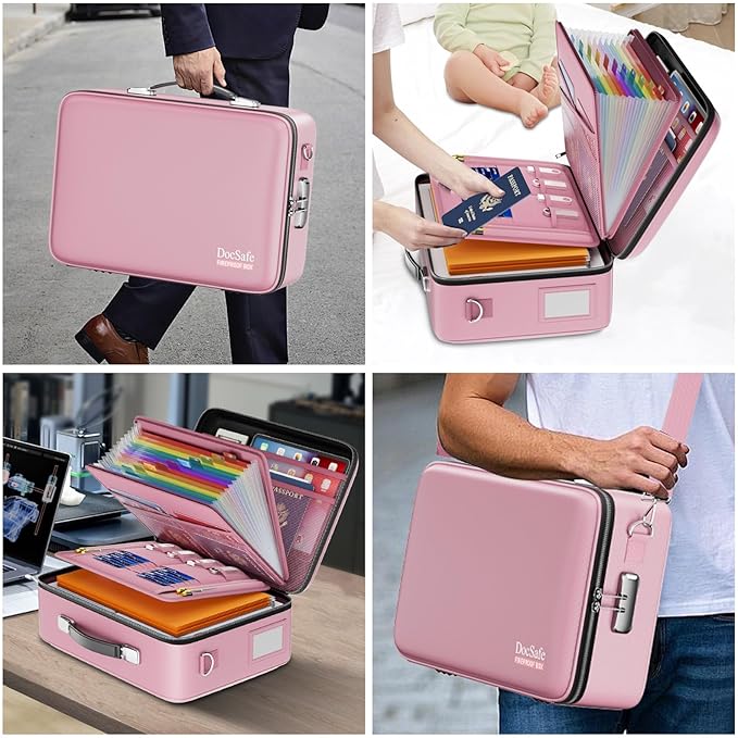 DocSafe Fireproof Document Box with Lock, Hard Case File Organizer with Accordion File Folder, Fireproof Water Resistant Safe Box Home Office Travel Storage for Important Documents Laptop Pink-DeskLoop Office