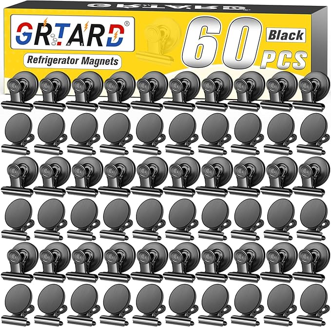Grtard 60 Pack Magnetic Clips Heavy Duty, Black Magnet Clips for Fridge, Refrigerator Magnets, Strong Magnetic Clip, Scratch Free Magnets with Clip for Whiteboard, Refrigerator, Cruise, Locker-DeskLoop Office