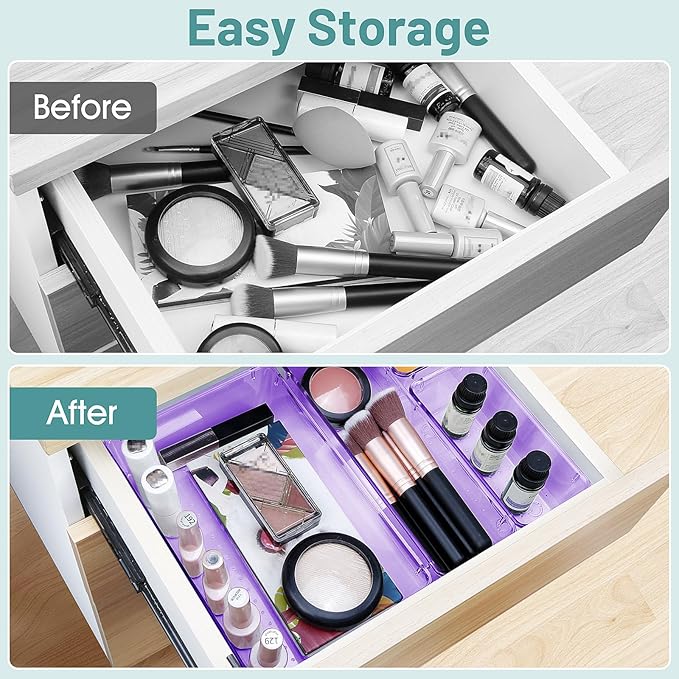WOWBOX 25 PCS Plastic Drawer Organizer Set, Desk Drawer Divider Organizers and Storage Bins for Makeup, Jewelry, Gadgets for Kitchen, Bedroom, Bathroom, Office, Clear Purple-DeskLoop Office