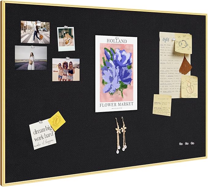 Bulletin Board 30 x 20 inches, Black Pin Board, Golden Aluminum Framed Fabric Cork Board with 10 Push Pins-DeskLoop Office