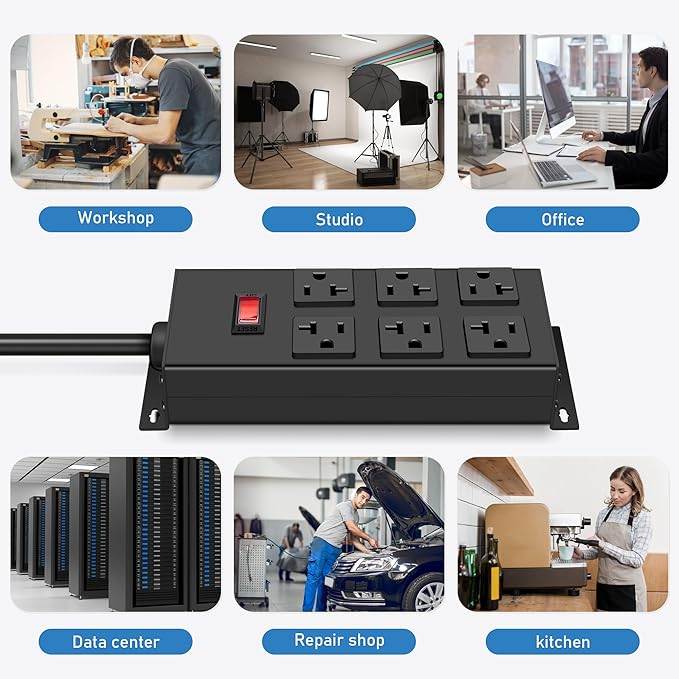 JUNNUJ Heavy Duty 20 Amp Power Strip, Garage 6 Outlets Metal 12 Gauge Surge Protector 3000J, High Amp 5-15P Adapter Shop 6-20R T-Slot Industrial (6AC, 6FT)-DeskLoop Office