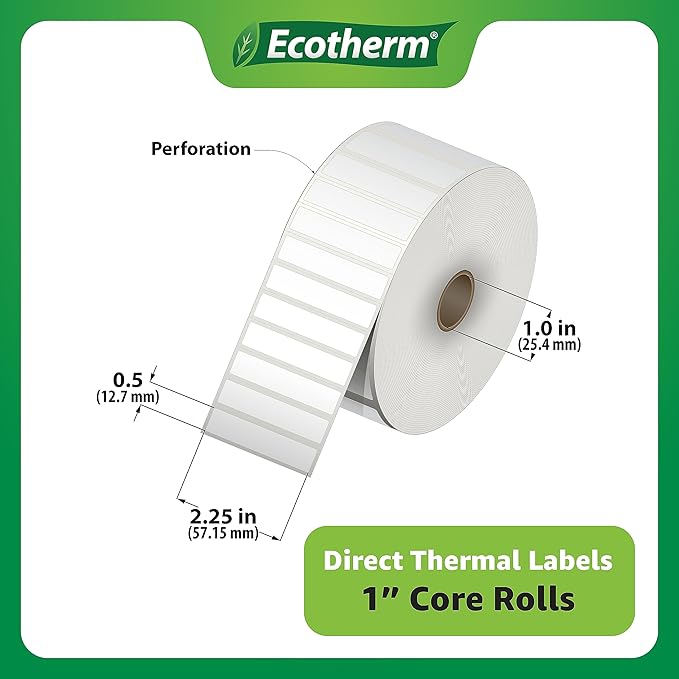 2.25" x .5" Thermal Labels | 6 Rolls | 25200 Labels | fits Zebra, Munbyn, Rollo, Godex, Arkscan, iDPRT, Offnova Thermal Label Printers and More | Blank White Adhesive Stickers by Ecotherm-DeskLoop Office