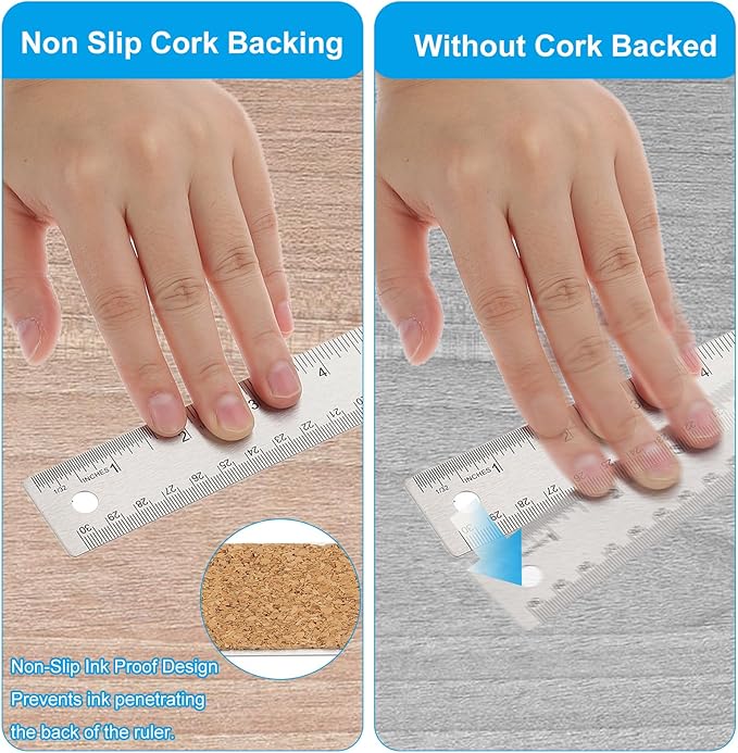 PATIKIL 6 Inch Stainless Steel Ruler Straight Edge Ruler, 2 Pcs Cork Backing Non-Slip Metal Ruler with Inches Centimeter Metric Measuring Tools for Office-DeskLoop Office