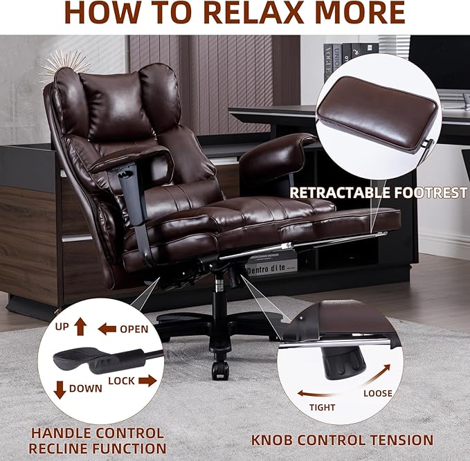 Big and Tall Office Chair 500lbs Wide Seat Executive Office Desk Chair High-Back Office Task Chair with Foot Rest, Ergonomic Lumbar Support Computer Office Chairs for Heavy People(Brown)-DeskLoop Office