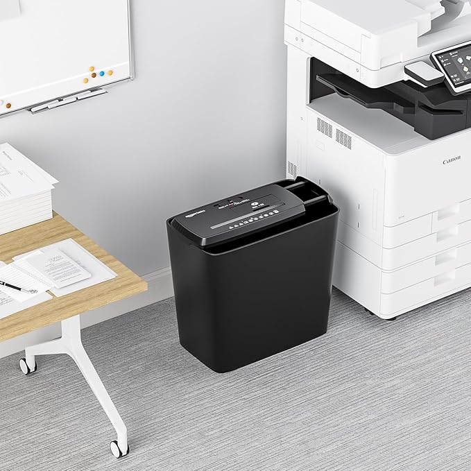 Amazon Basics 8-Sheet Strip Cut Paper, CD, and Credit Card Shredder with Auto-Off Compact, Portable Design, No Basket, Extendable Arm, Black-DeskLoop Office