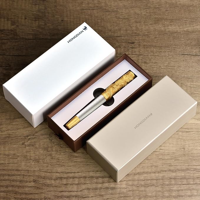 Hongdian A24 Fountain Pen Fine Nib, Snow White & Golden Dragon Stereoscopic Carving Cap Design-DeskLoop Office