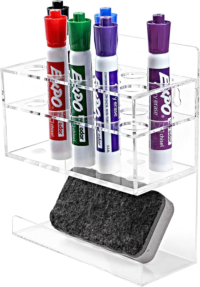MyGift Dry Erase Marker Holder 10 Slots Whiteboard Marker Holder For Wall Dry Erase Eraser Holder Wall Mount Clear-DeskLoop Office